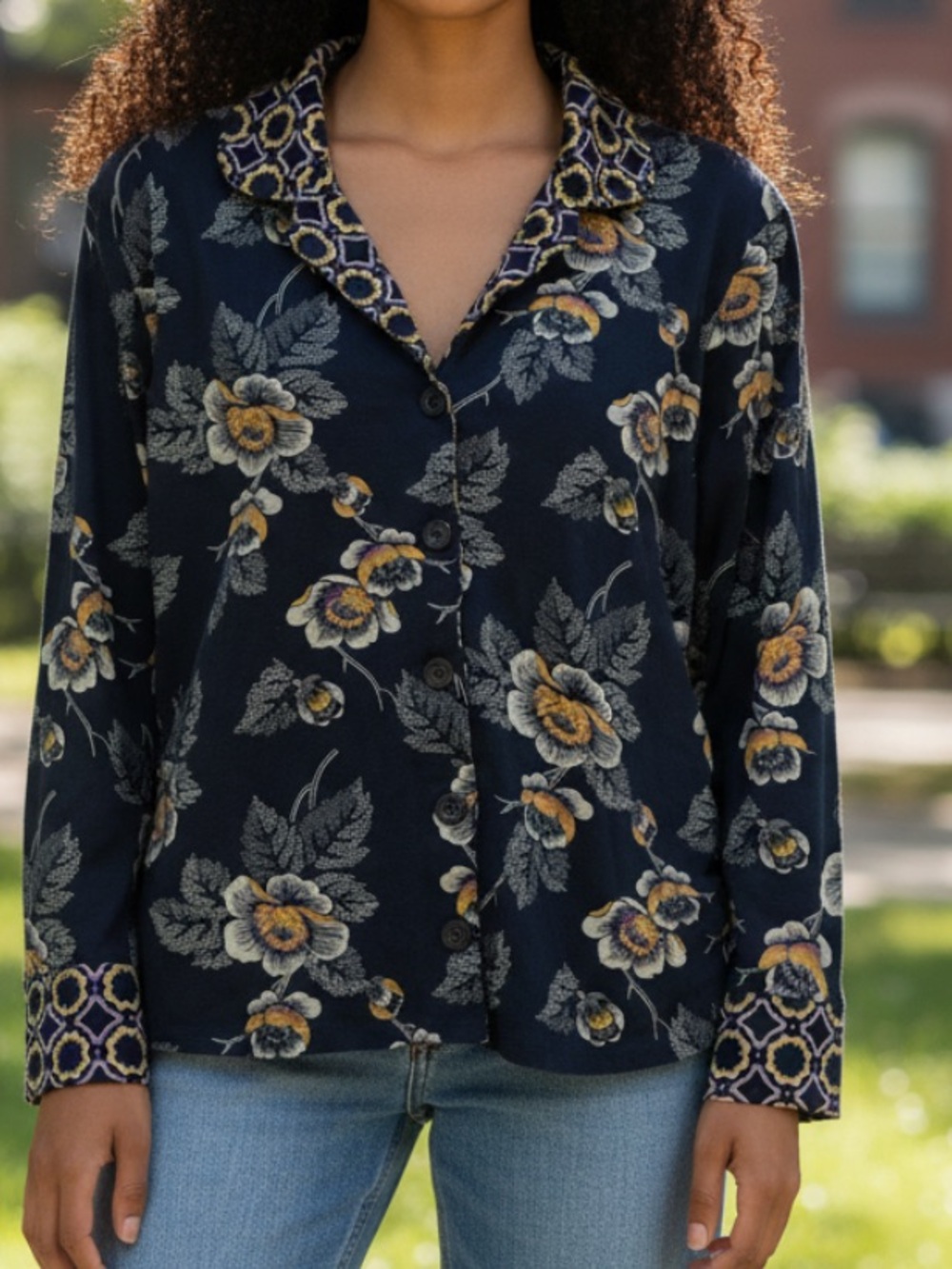 Vera Bradley Navy Floral Pajama Top with Yellow Accents
